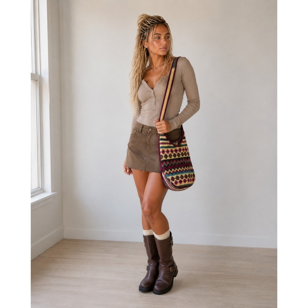 Vintage Crochet Bucket Bag Boho Indie Festival Hippie Shoulder Crossbody Purse